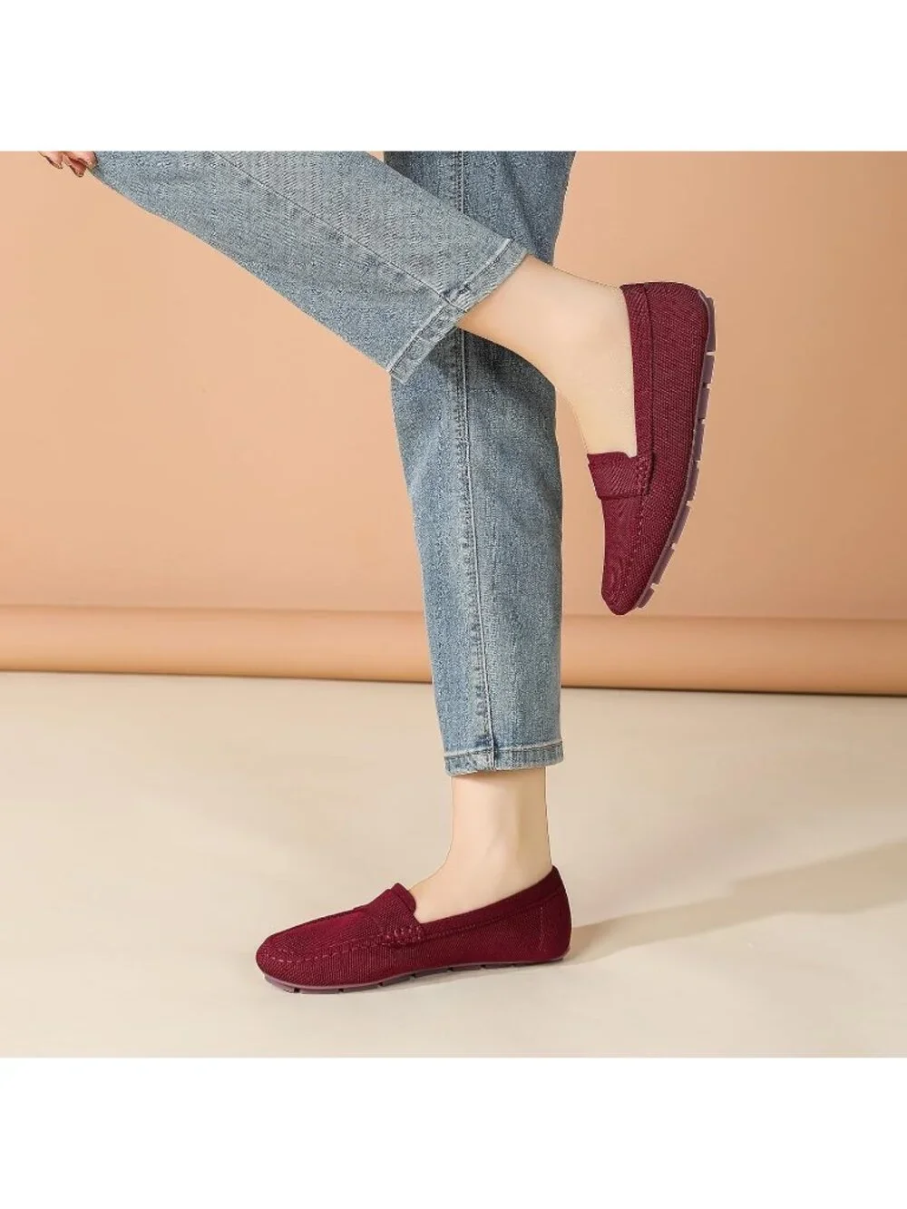 🆕Women's Wine Red Mesh fabric Loafer Shoes Comfortable Casual Flat Shoes